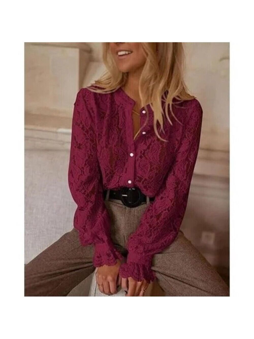 ✨ Prettygarden Women's Dressy Lace Blouse Long Sleeve Button Up Shirt Large NWT